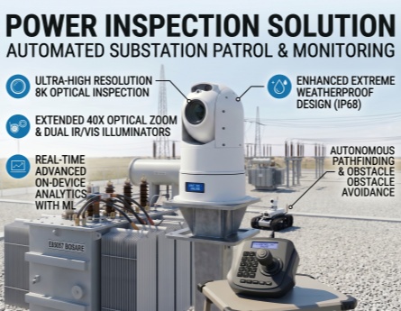 La cámara PTZ de alta resistencia CAHC-B300 de Winsafe impulsa los robots de patrulla de redes eléctricas de última generación.